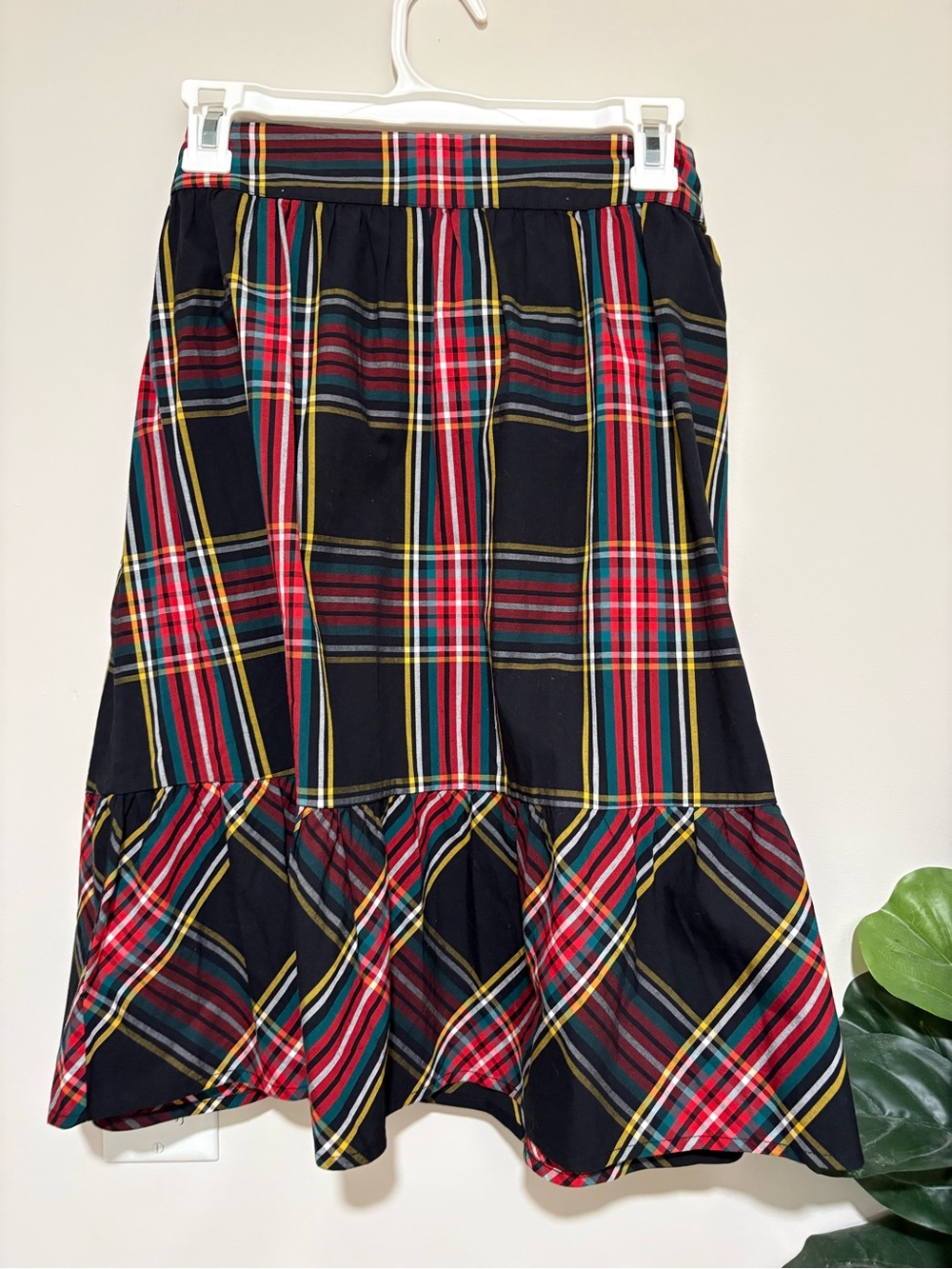 J. Crew Black Multi Plaid Ruffle-Hem Midi Skirt